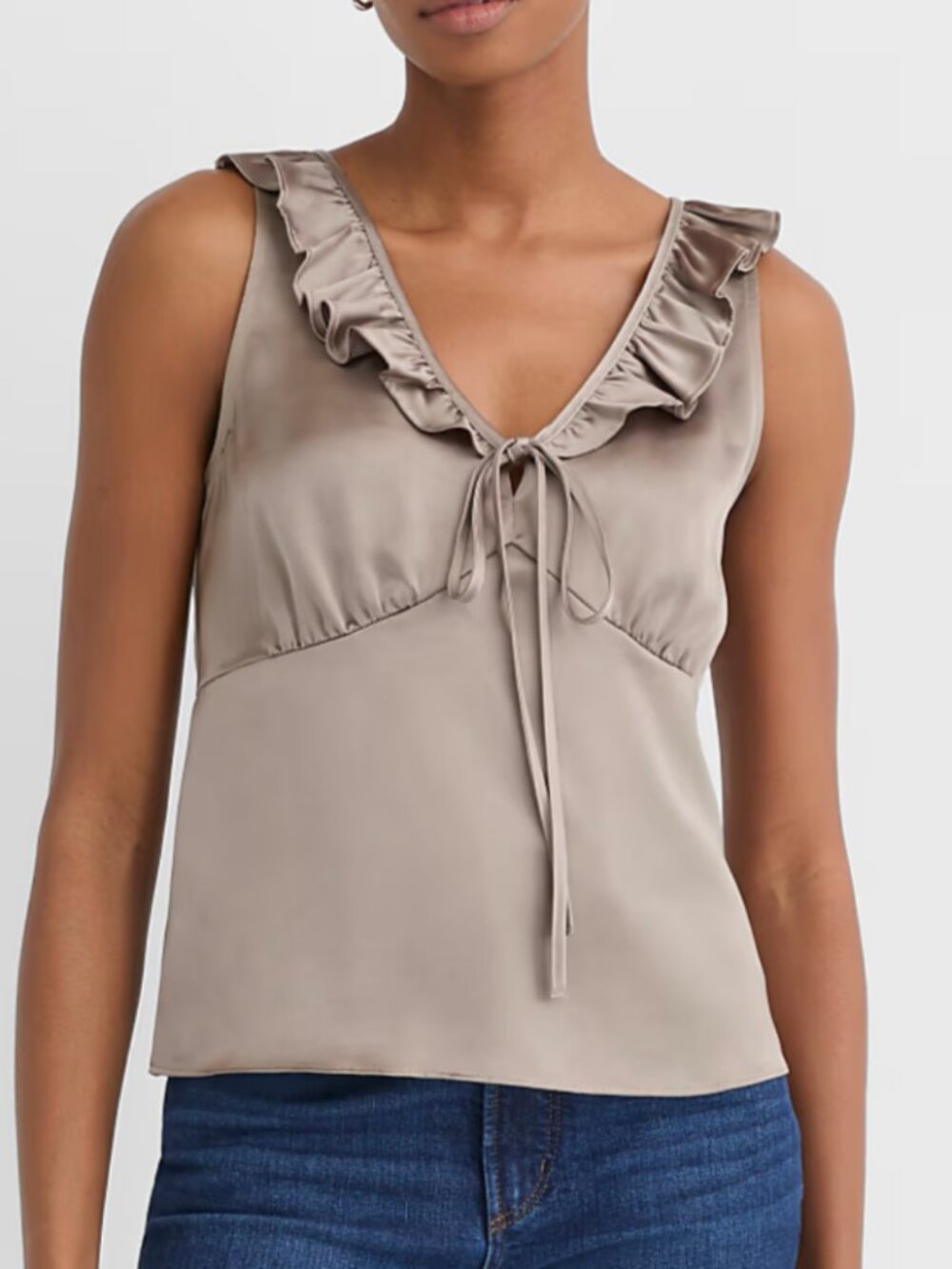 LOFT - Satin Ruffle Tie Neck Cami - XL, Summit Grey (NWT)